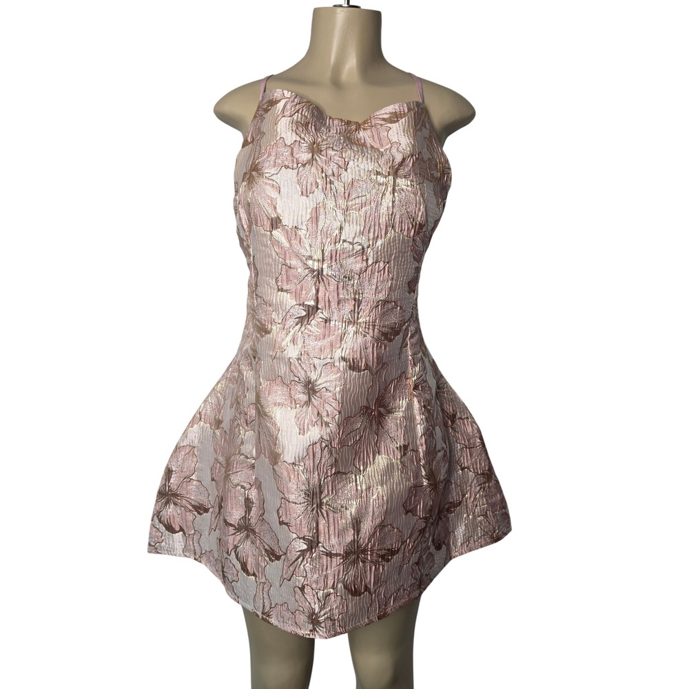 Shein Dress Womens XL Pink Gold Floral Jacquard Metallic Fit Flare Mini 3004